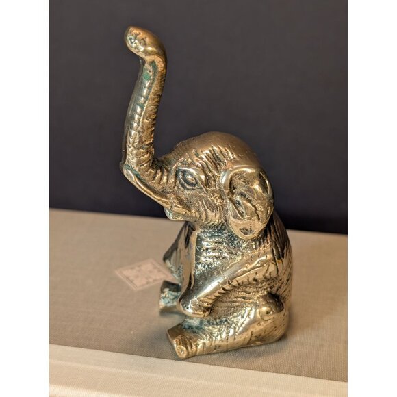 Brass Elephant Figurine Raised Trunk Decorative Accent For Shelf Or Desk 3.5" - Picture 3 of 8